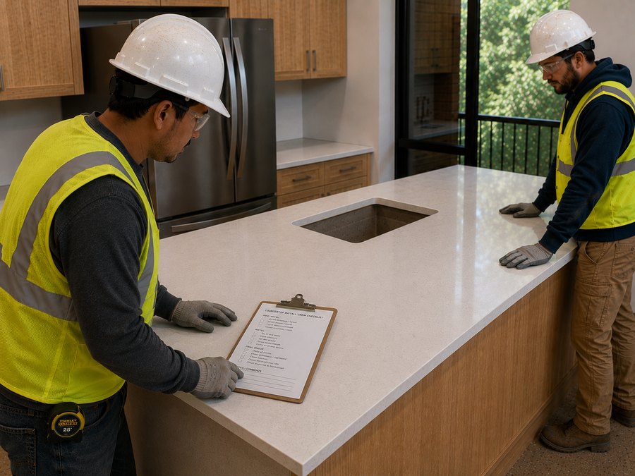 Install lead reviewing the countertop install crew checklist at a finished island