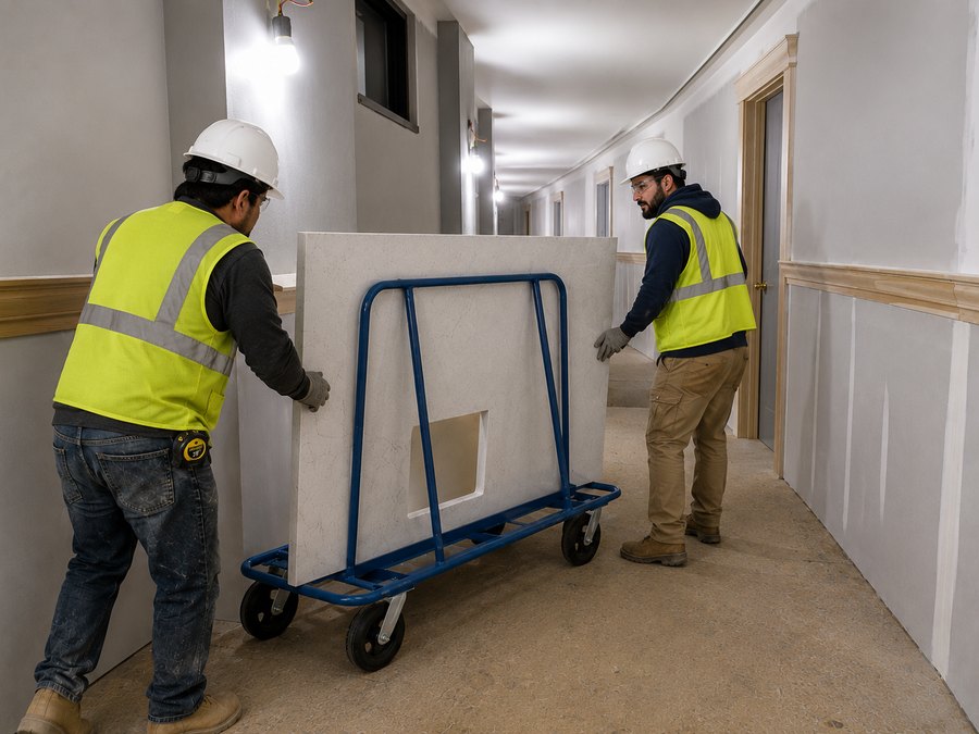 Install crew moving a countertop slab on an A-frame cart through a building corridor