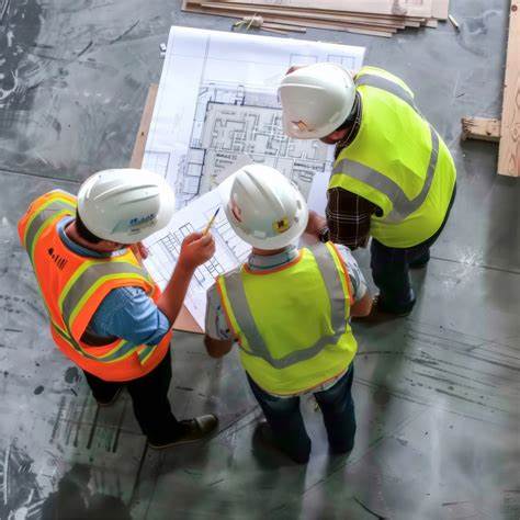 Three construction workers reviewing blueprints on concrete floor